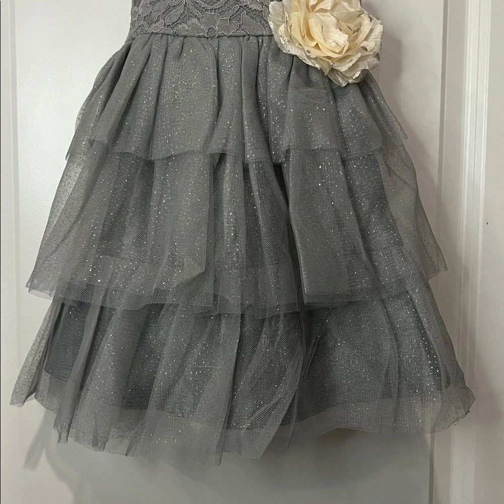 PINK & VIOLET gray dress with lace top and tiered tulle bottom with shimmer gold